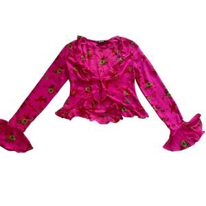 ECOTE Urban Outfitters Pink Floral Flutter Long Sleeve Ruffle Blouse Small Y2K